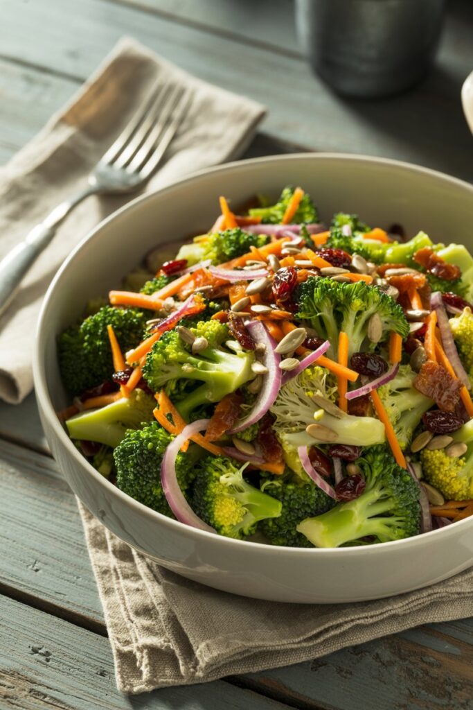 Fresh broccoli florets tossed with creamy dressing and toppings.