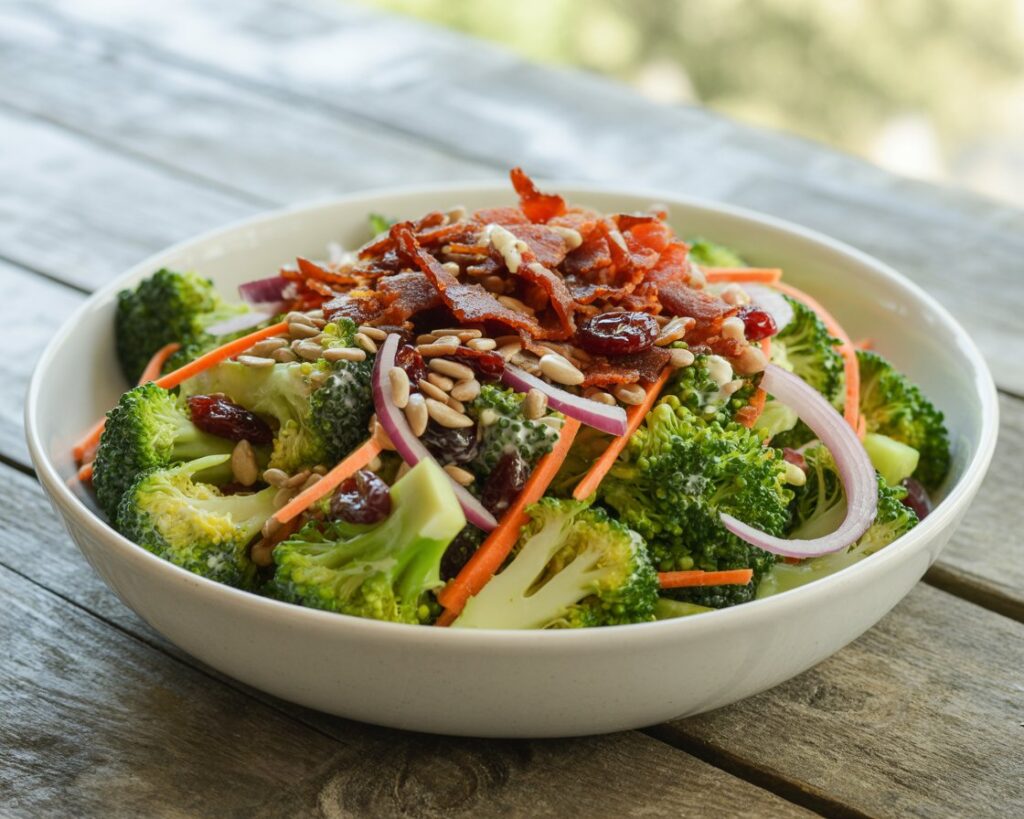 Healthy broccoli salad mixed with cheddar cheese and red onions.