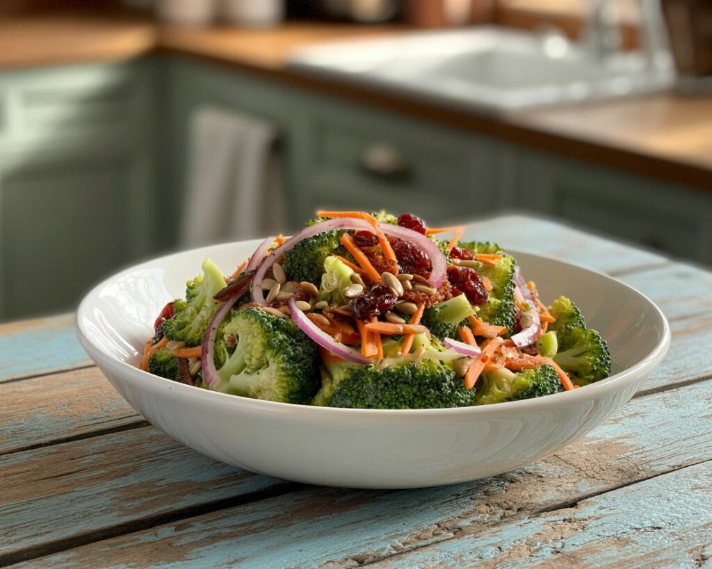 Homemade broccoli salad with creamy mayo-based dressing.