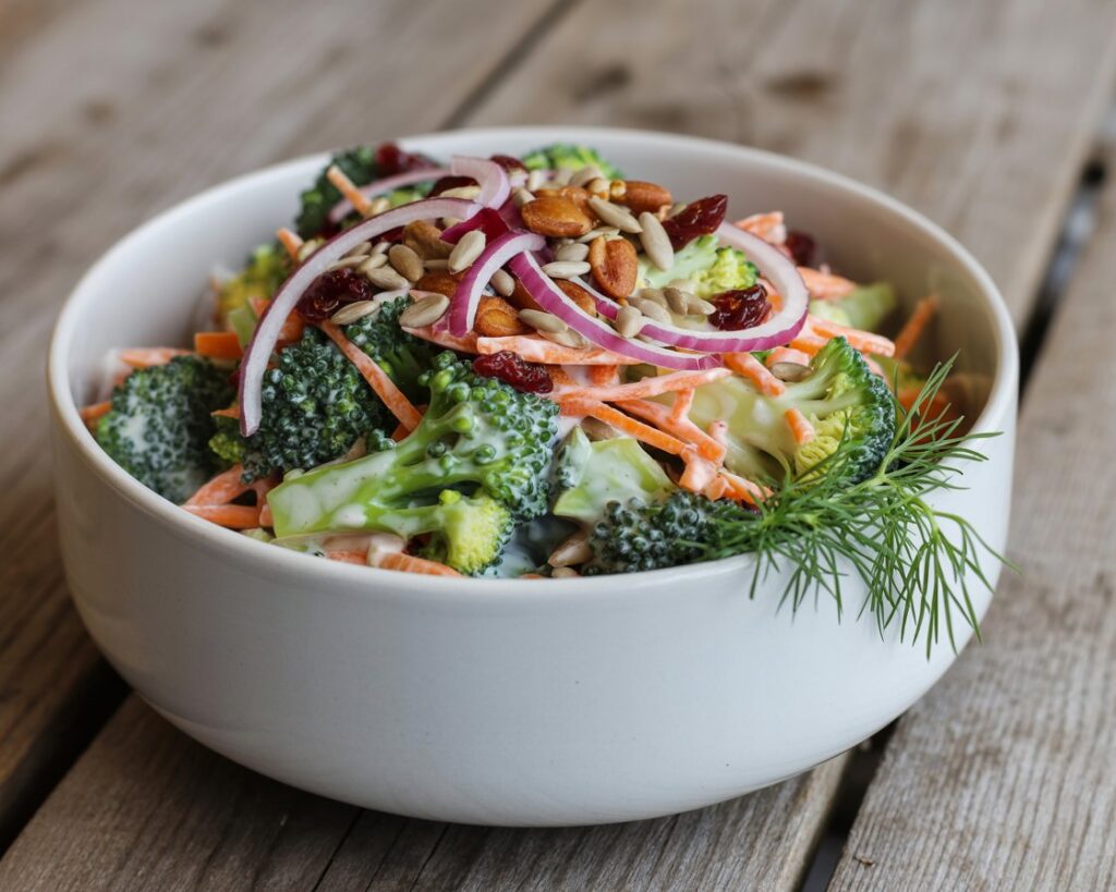 Easy broccoli salad with crunchy sunflower seeds and dried cranberries.