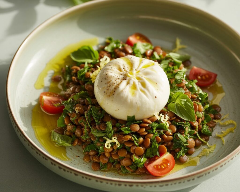 Burrata melting over a bed of herby lentil salad with olive oil drizzle.