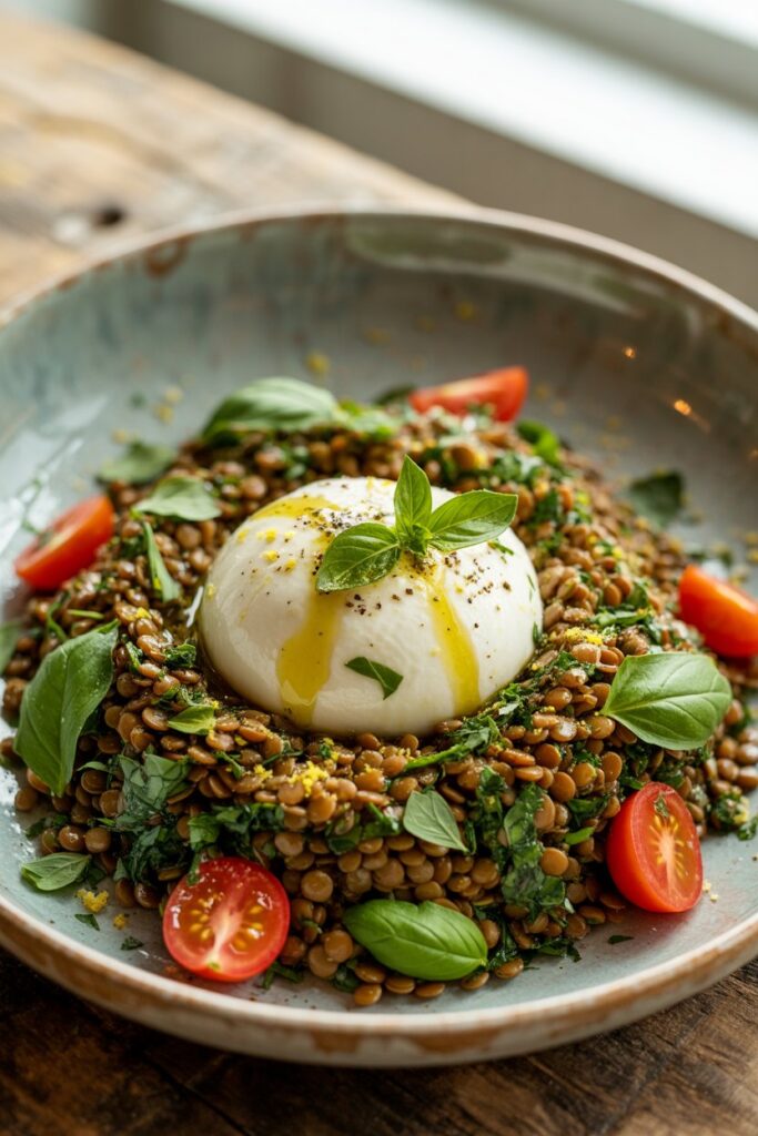 Close-up of lentil and burrata salad with colorful vegetables and greens.
