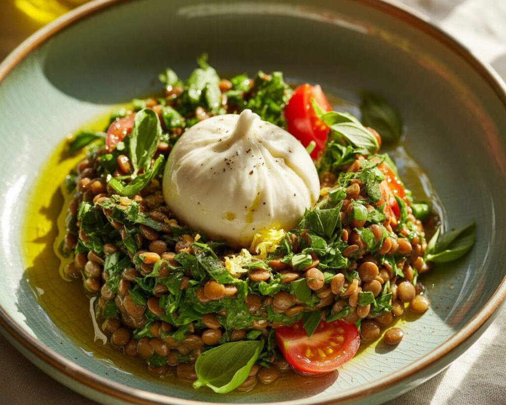 Plate of lentil and burrata salad with vibrant vegetables and greens.