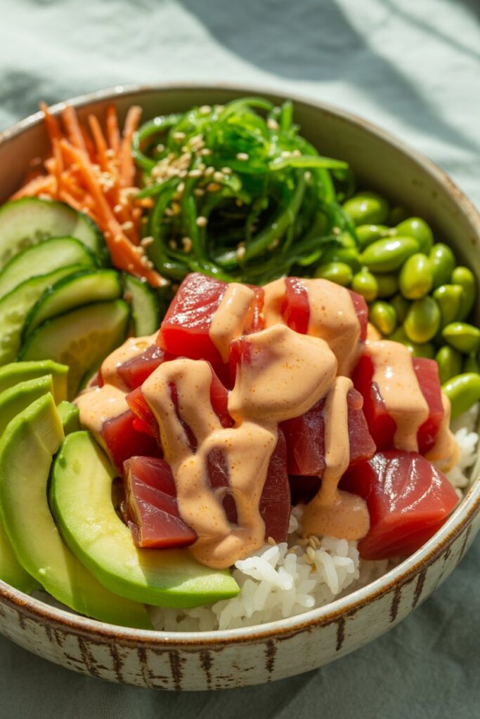Family enjoying spicy tuna poke bowls at home.