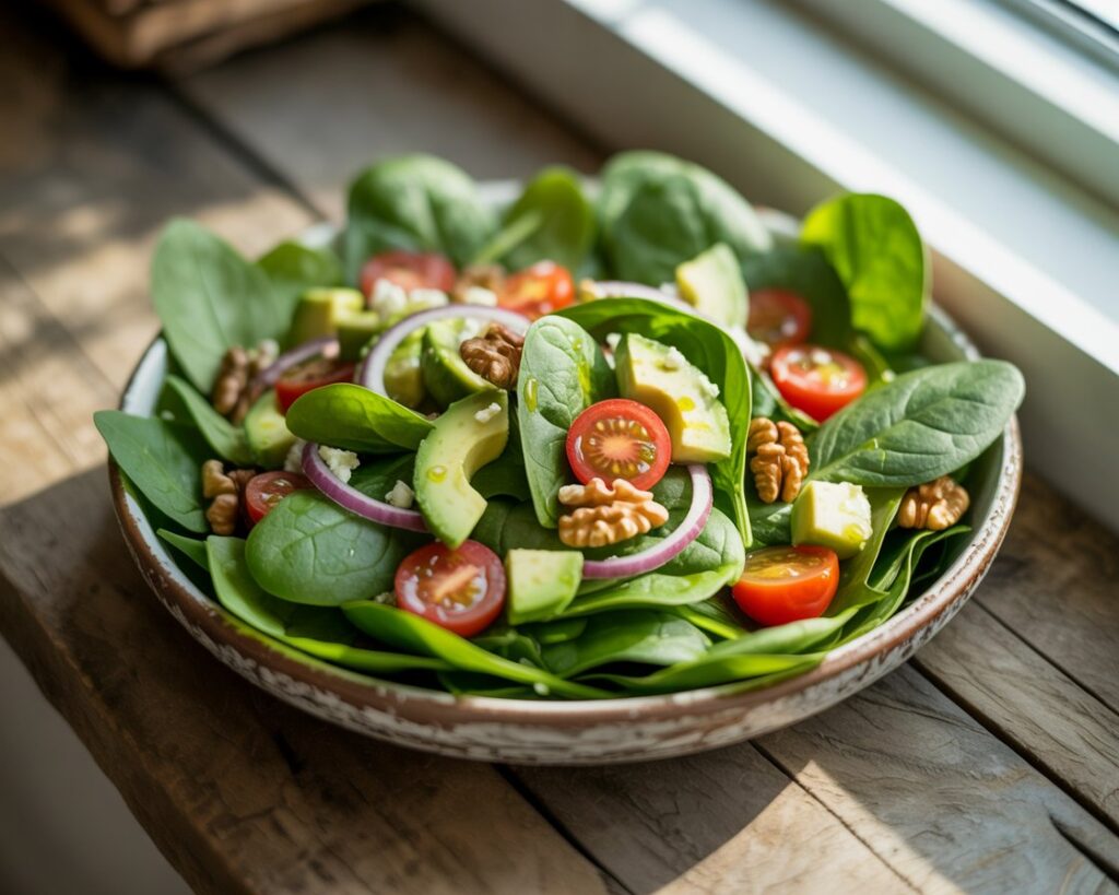 Spinach salad with strawberries, walnuts, and goat cheese crumbles.