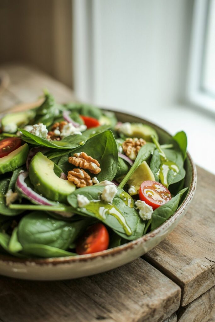 Colorful spinach and quinoa salad served with a lemon vinaigrette.