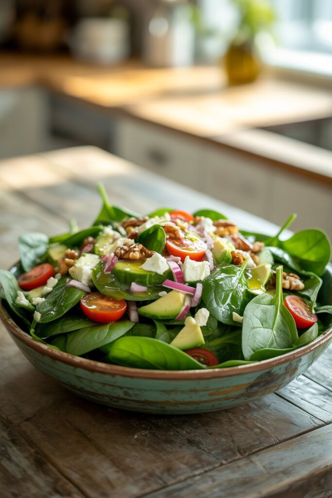 Simple spinach salad with red onions, olives, and hard-boiled eggs.
