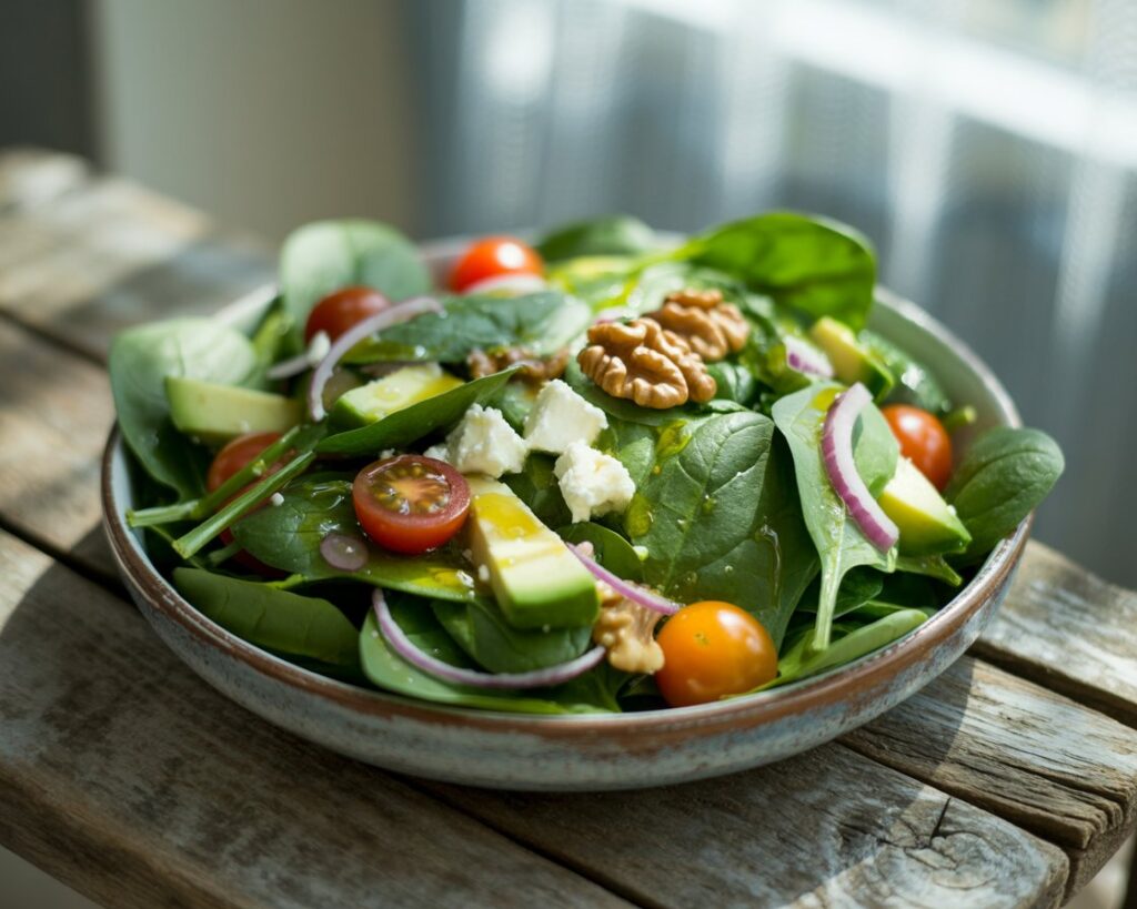 Bowl of spinach salad topped with grilled chicken and avocado slices.