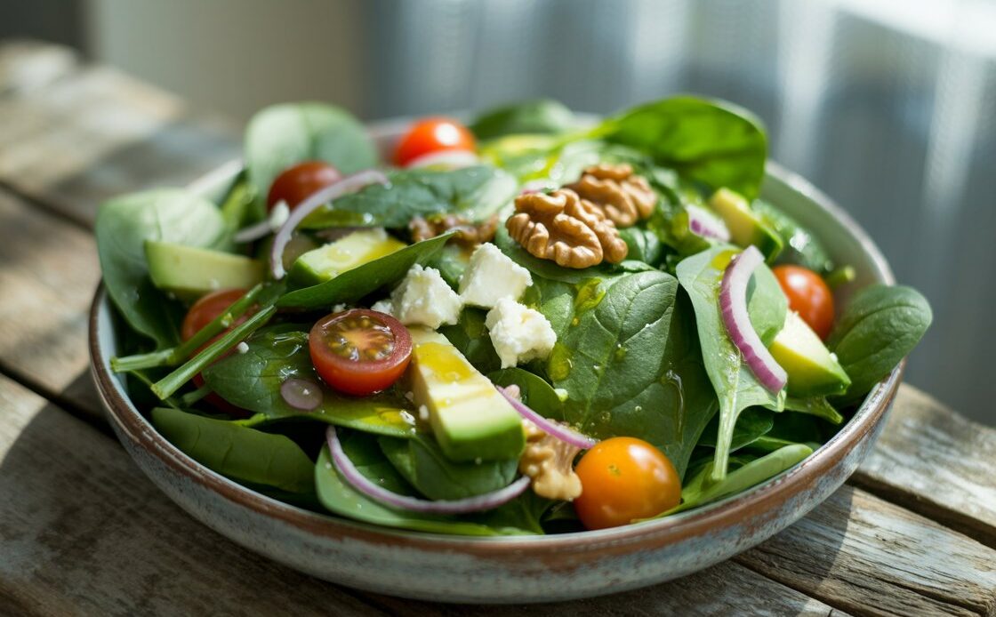 Bowl of spinach salad topped with grilled chicken and avocado slices.