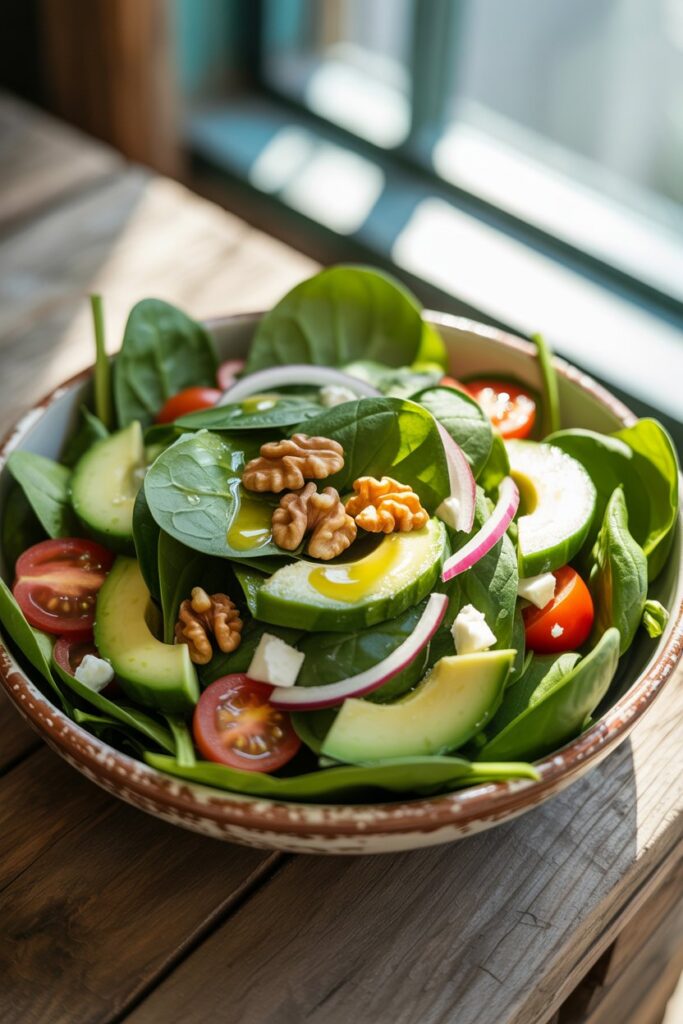Close-up of a spinach and mushroom salad with balsamic glaze.