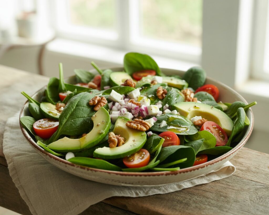 Fresh spinach salad with cherry tomatoes, cucumbers, and feta cheese.