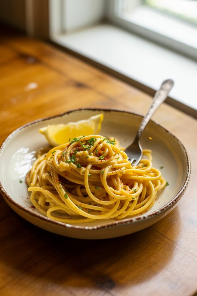 Close-up of creamy cowboy butter sauce being poured over cooked pasta.