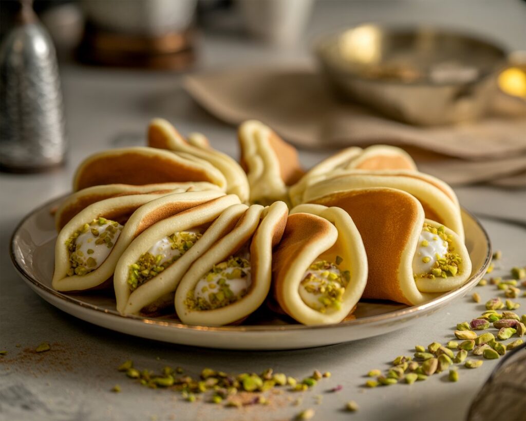 Middle Eastern qatayef topped with crushed pistachios and syrup.