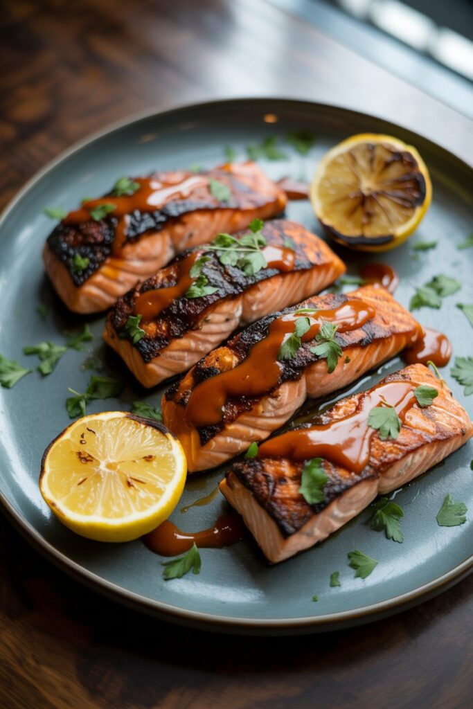 Grilled salmon served with lemon wedges and fresh herbs.