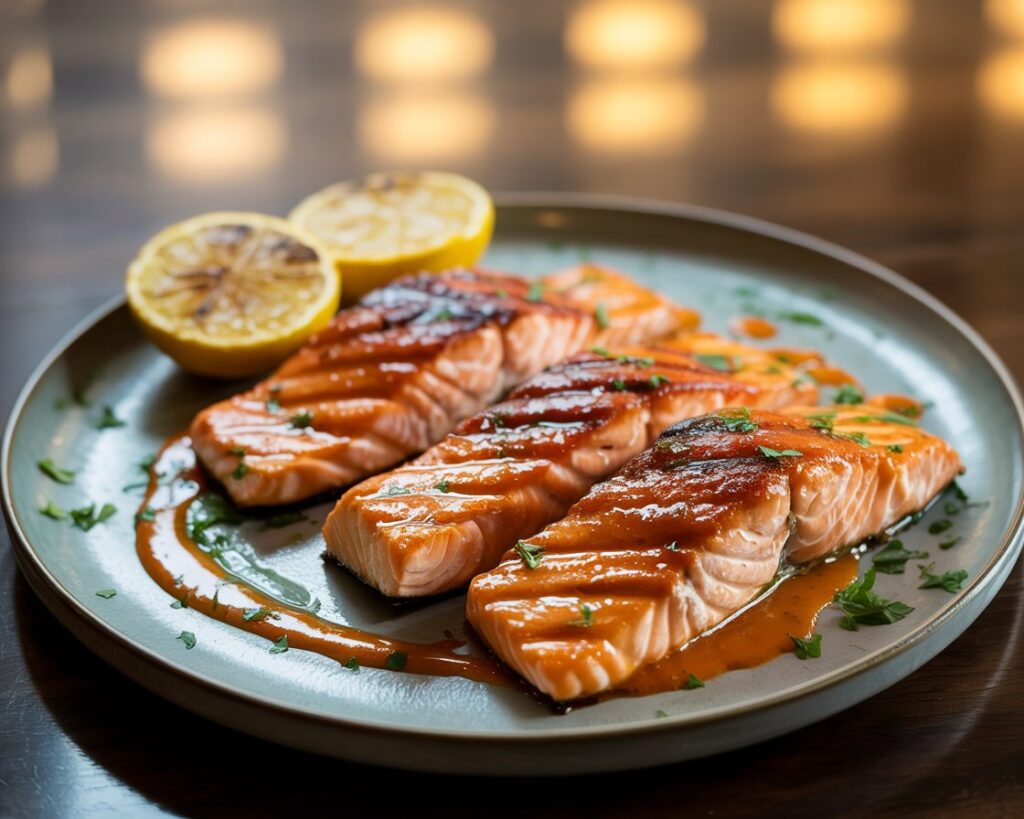 Spicy buffalo salmon plated with a side of roasted vegetables.