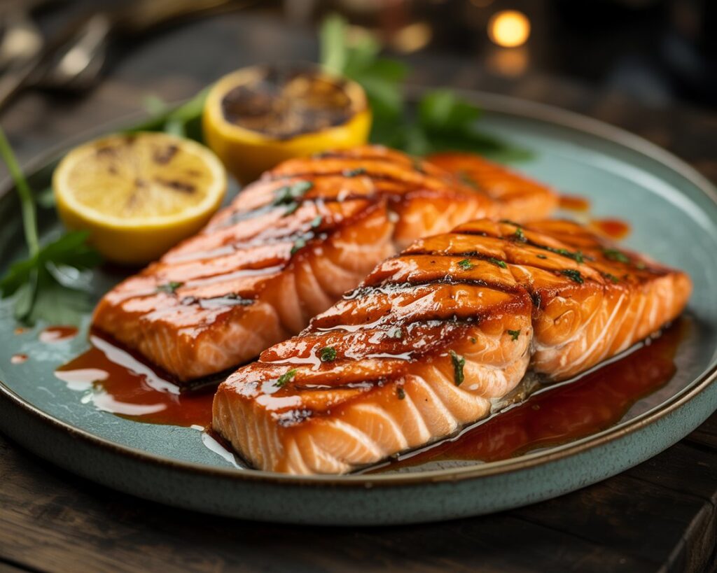 Grilled salmon fillets sizzling on an outdoor barbecue grill.