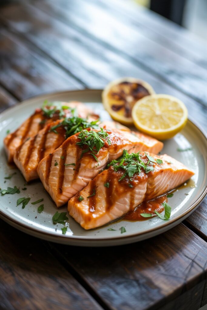 Grilled salmon fillets glazed with spicy buffalo sauce on a plate.