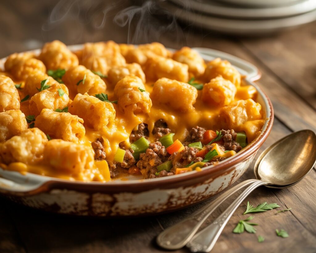 Golden tater tot casserole fresh out of the oven in a baking dish.