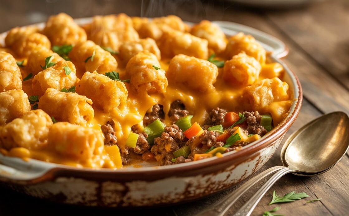 Golden tater tot casserole fresh out of the oven in a baking dish.