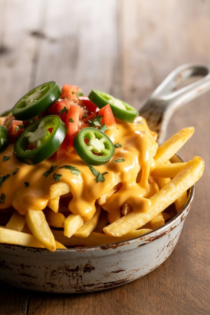 Plate of golden fries smothered in melted cheese sauce and salsa.