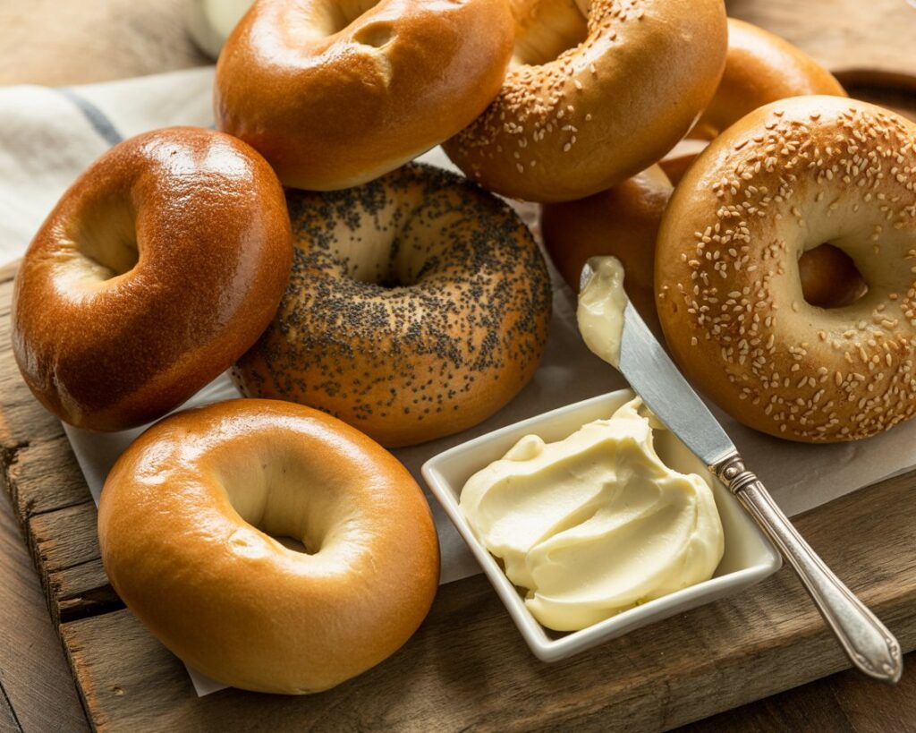 Bagels boiling in water before baking at home.
