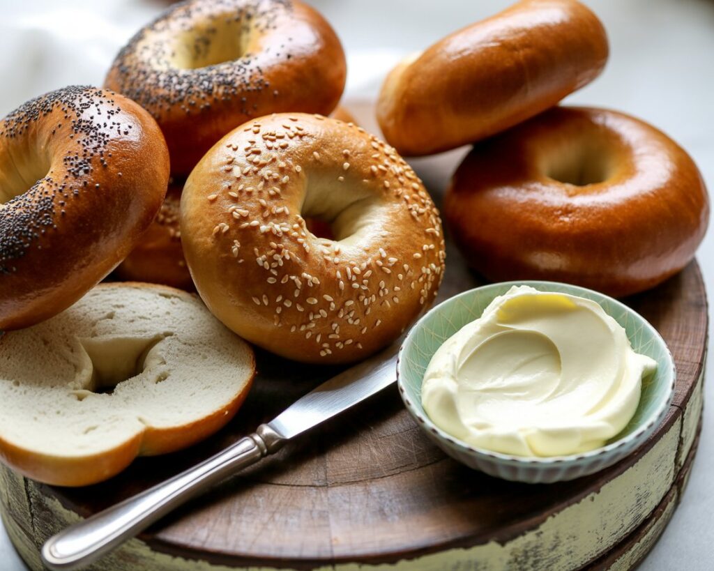 Close-up of a homemade bagel with cream cheese spread.
