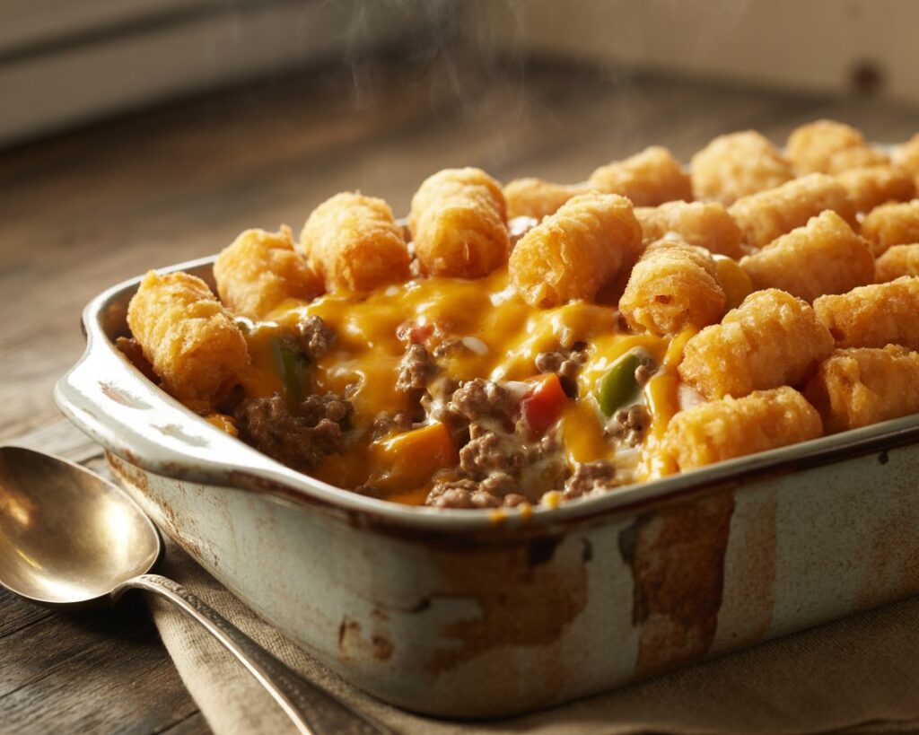 Serving spoon scooping a portion of tater tot casserole onto a plate.
