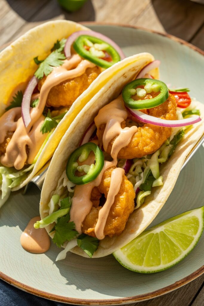 Crispy shrimp tacos topped with fresh slaw and creamy sauce.