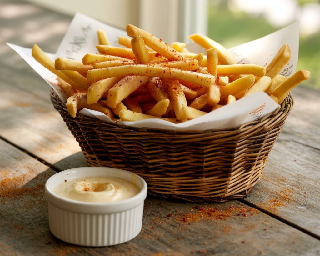 Person serving a portion of homemade Old Bay skinny fries into a bowl.