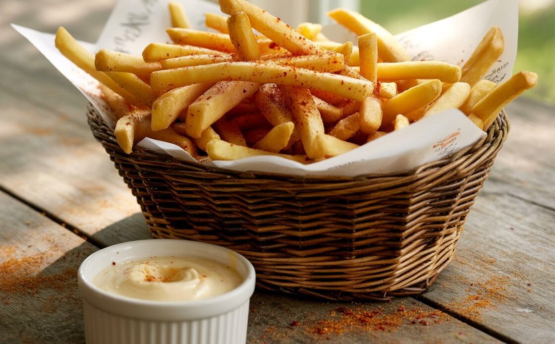 Person serving a portion of homemade Old Bay skinny fries into a bowl.