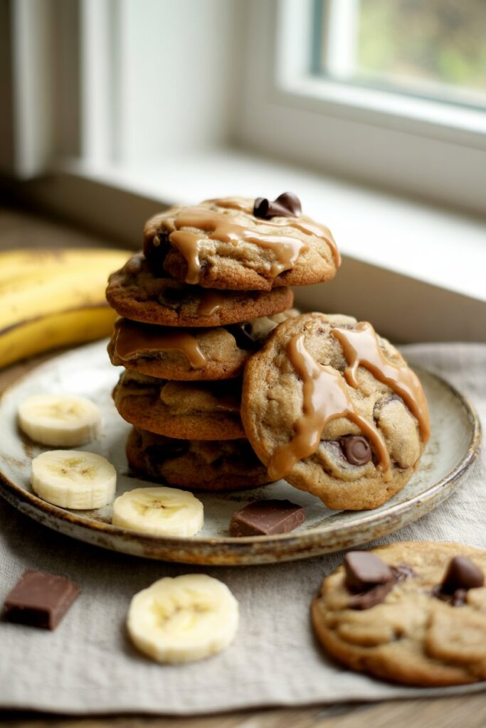 Stack of chewy brown butter banana cookies on a rustic plate.