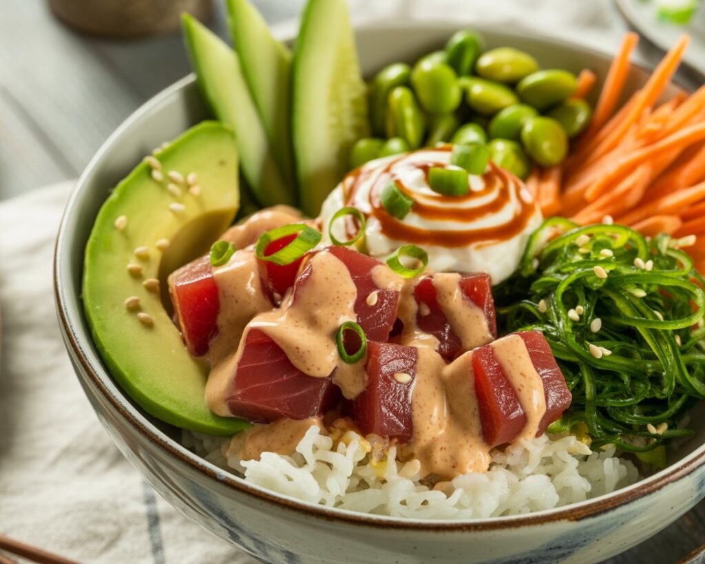 Close-up of diced raw tuna mixed with spicy sauce for a poke bowl.