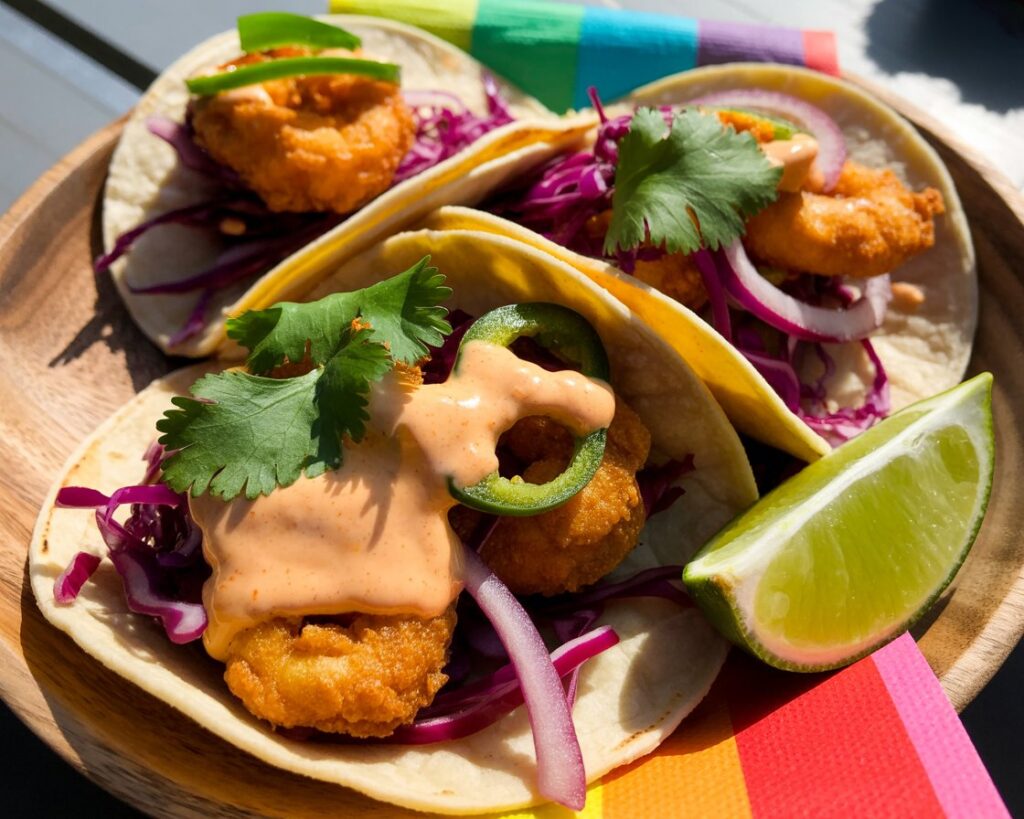 Crispy shrimp wrapped in tortillas with red cabbage slaw on top.