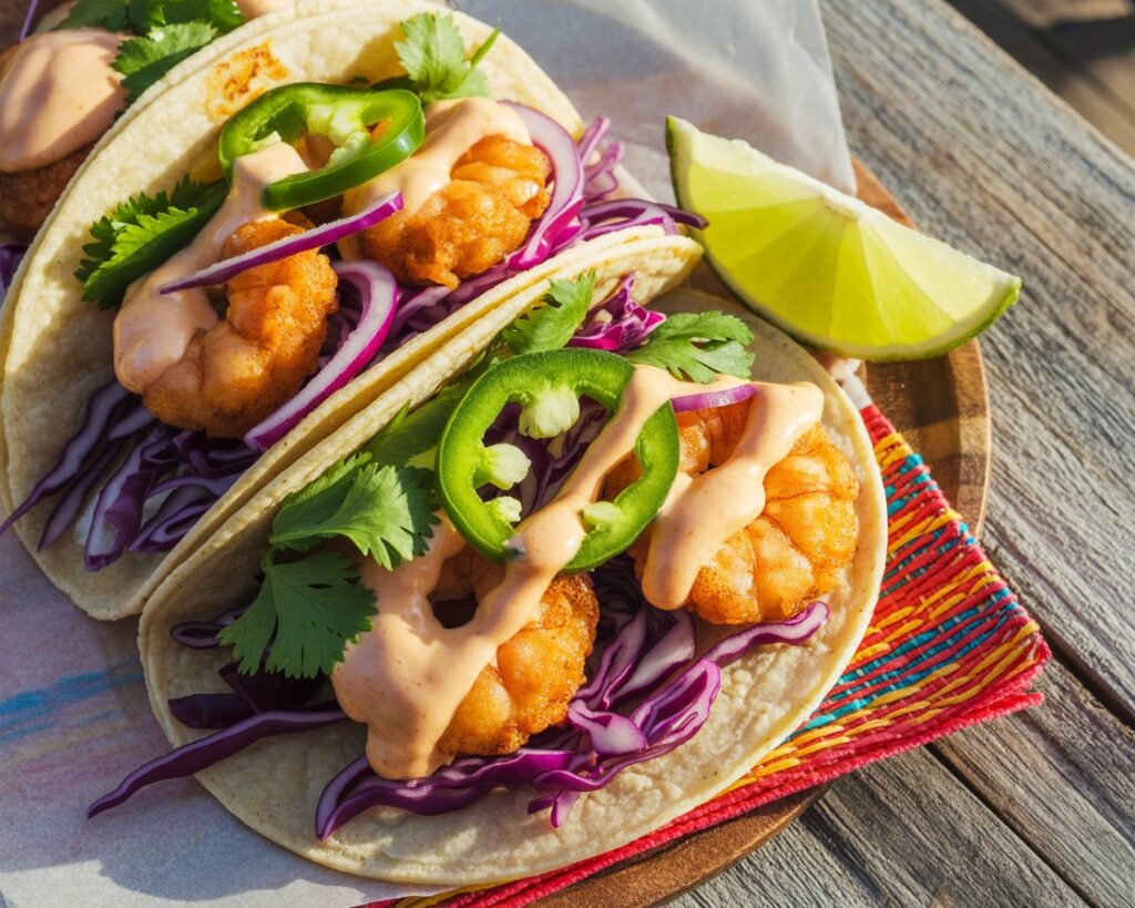 Shrimp tacos served with avocado slices and a drizzle of sauce.