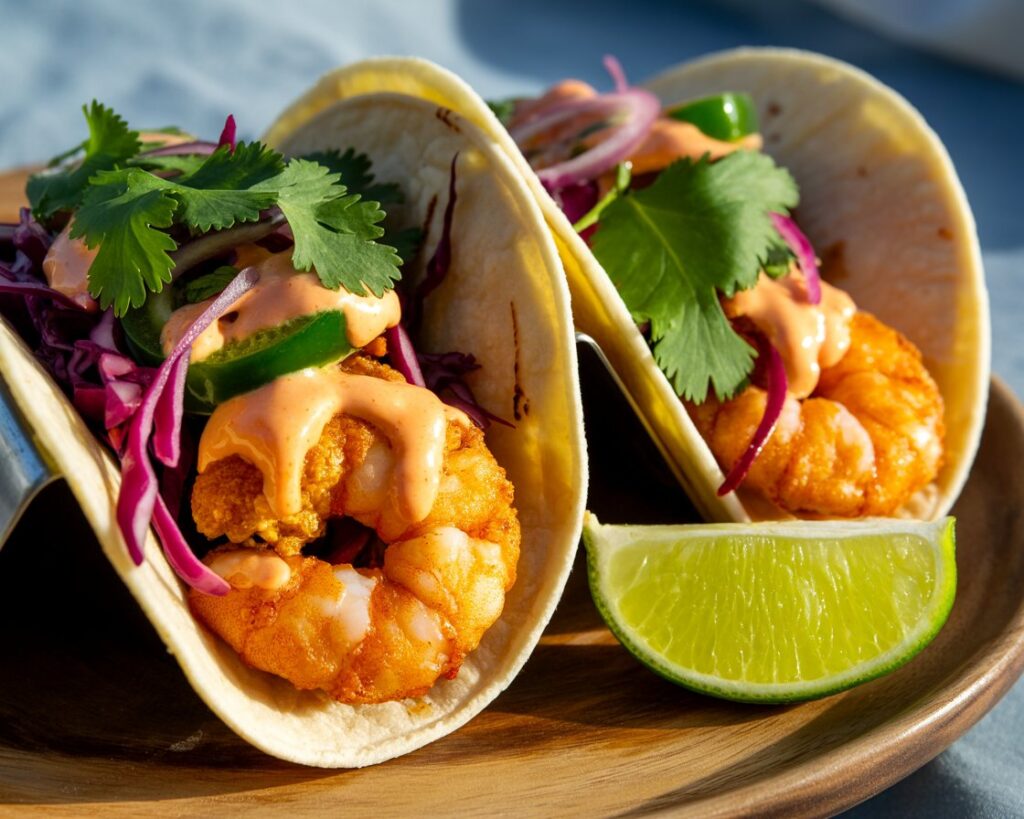 Homemade shrimp tacos filled with crunchy slaw and spicy mayo.