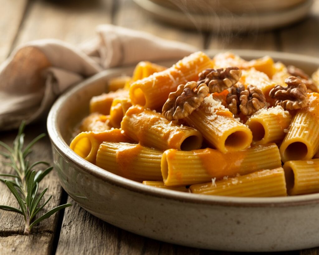 Creamy pumpkin rigatoni pasta topped with crispy rosemary walnuts.