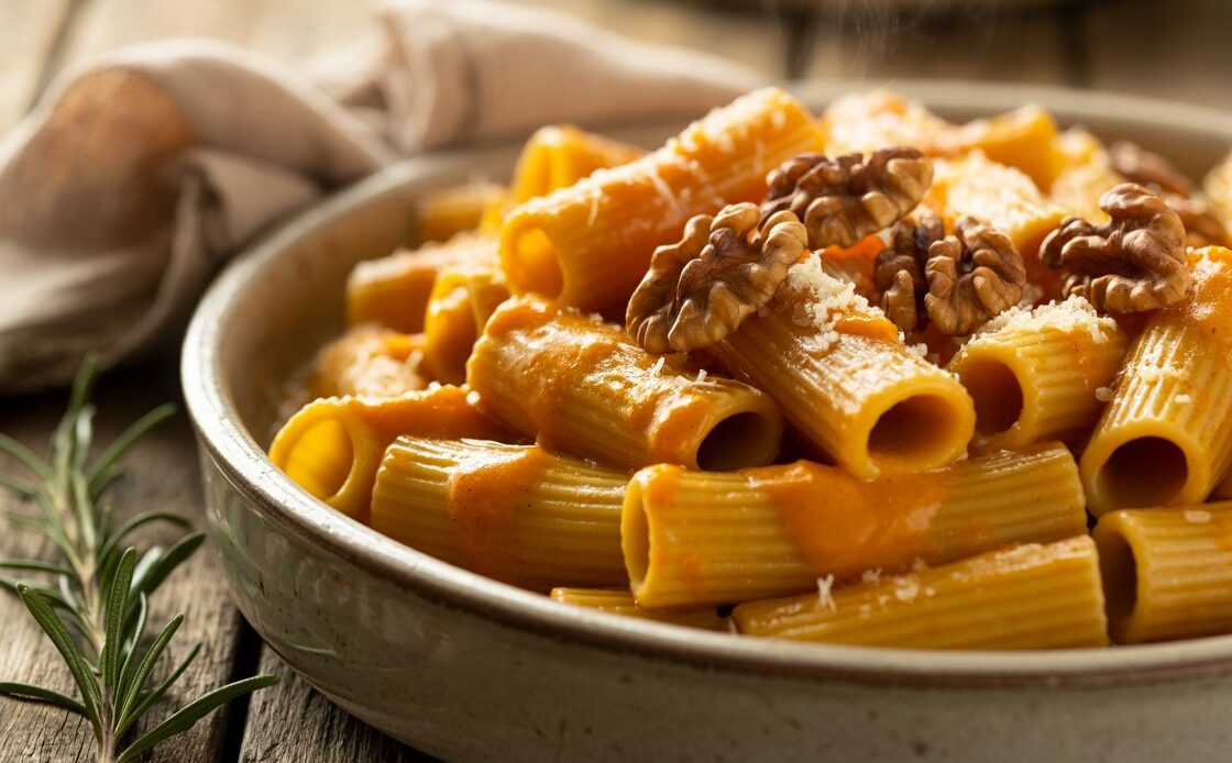 Creamy pumpkin rigatoni pasta topped with crispy rosemary walnuts.