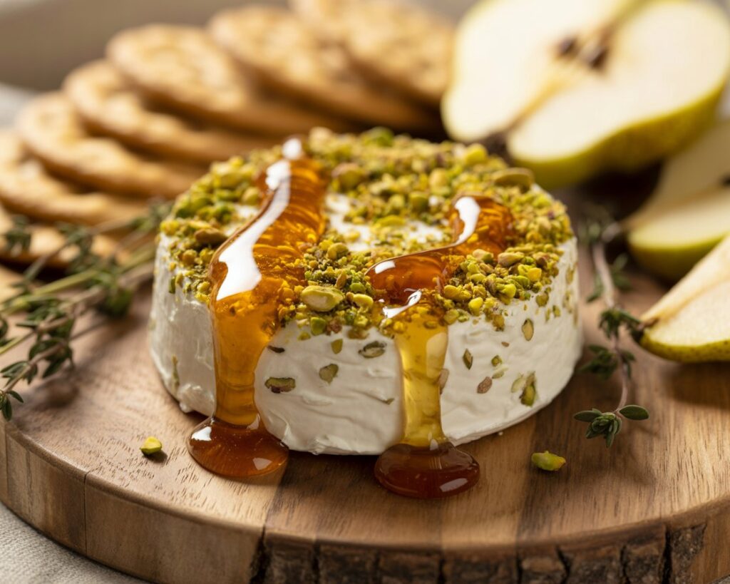 Ingredients for Boursin appetizer including pistachios, honey, and fresh herbs.