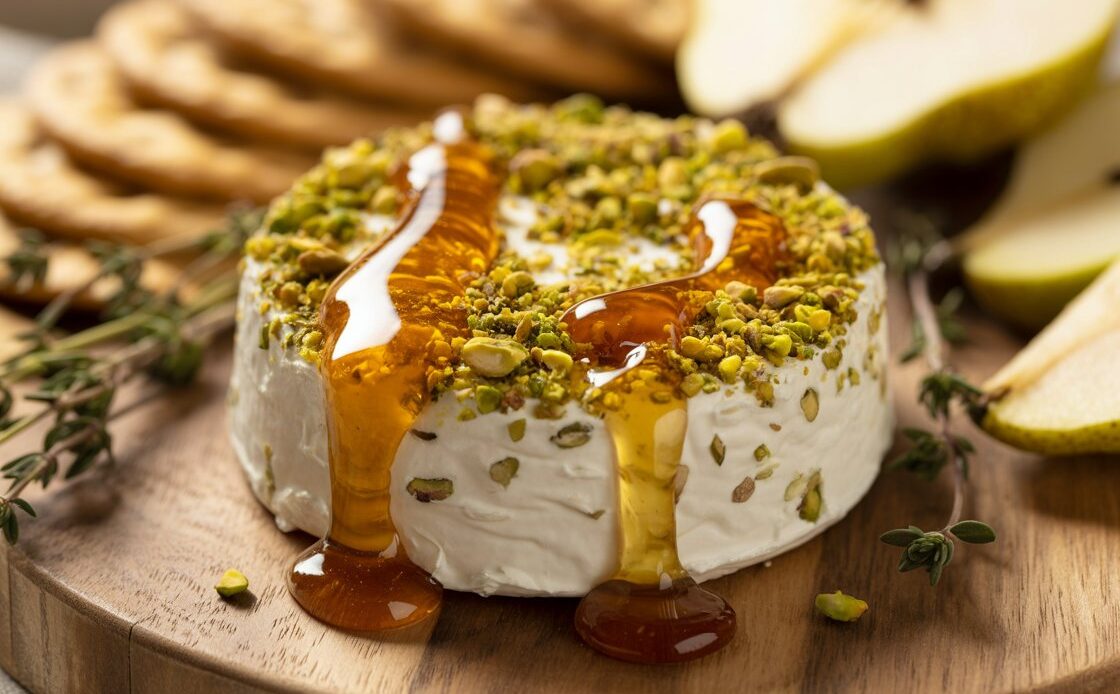 Ingredients for Boursin appetizer including pistachios, honey, and fresh herbs.