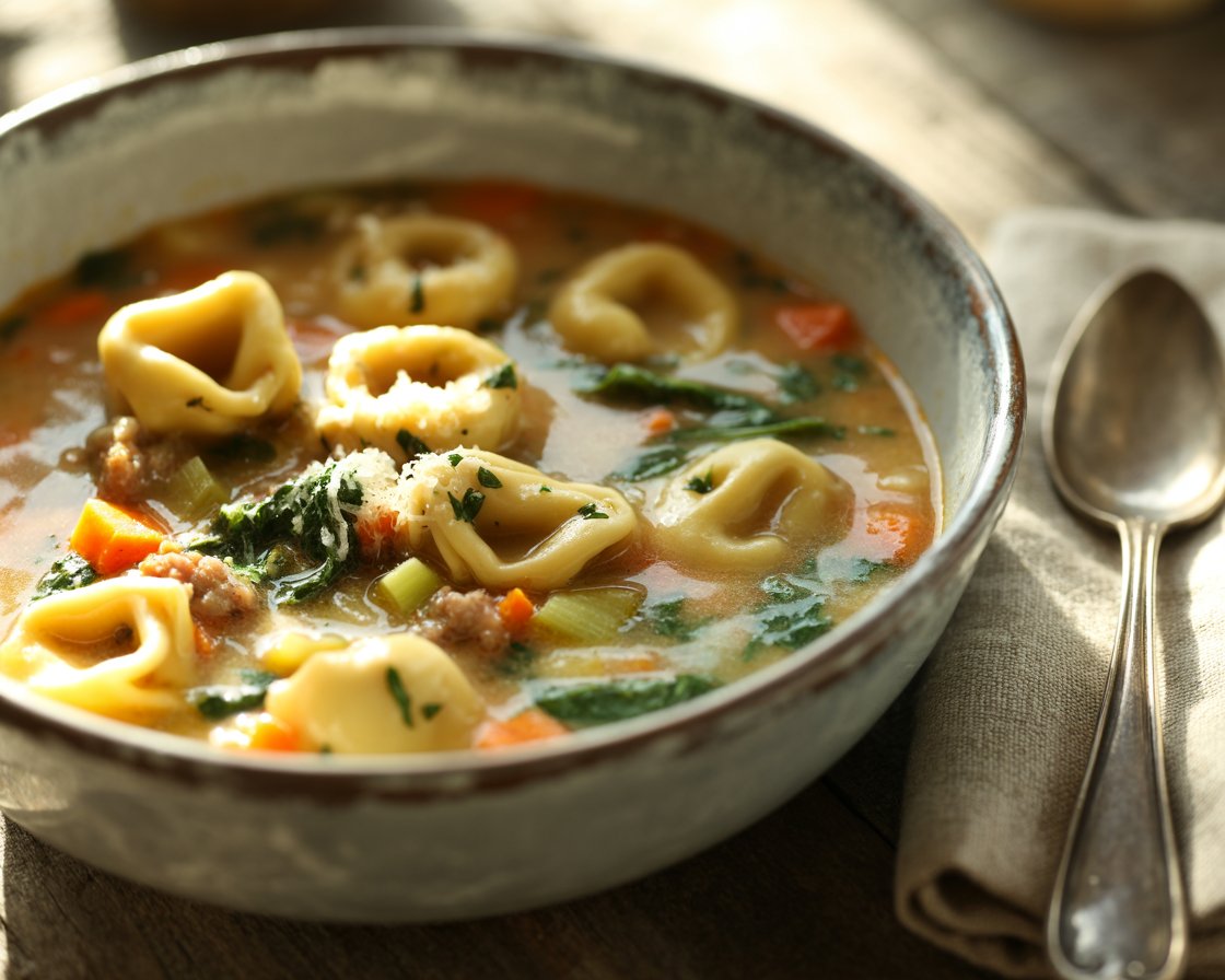 Close-up of cheesy tortellini in a rich, creamy soup broth.
