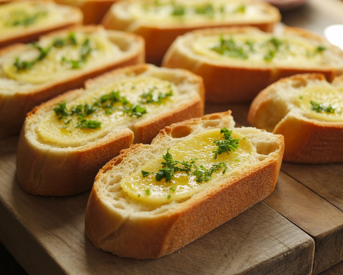 Step-by-step process showing garlic butter being spread on bread slices.