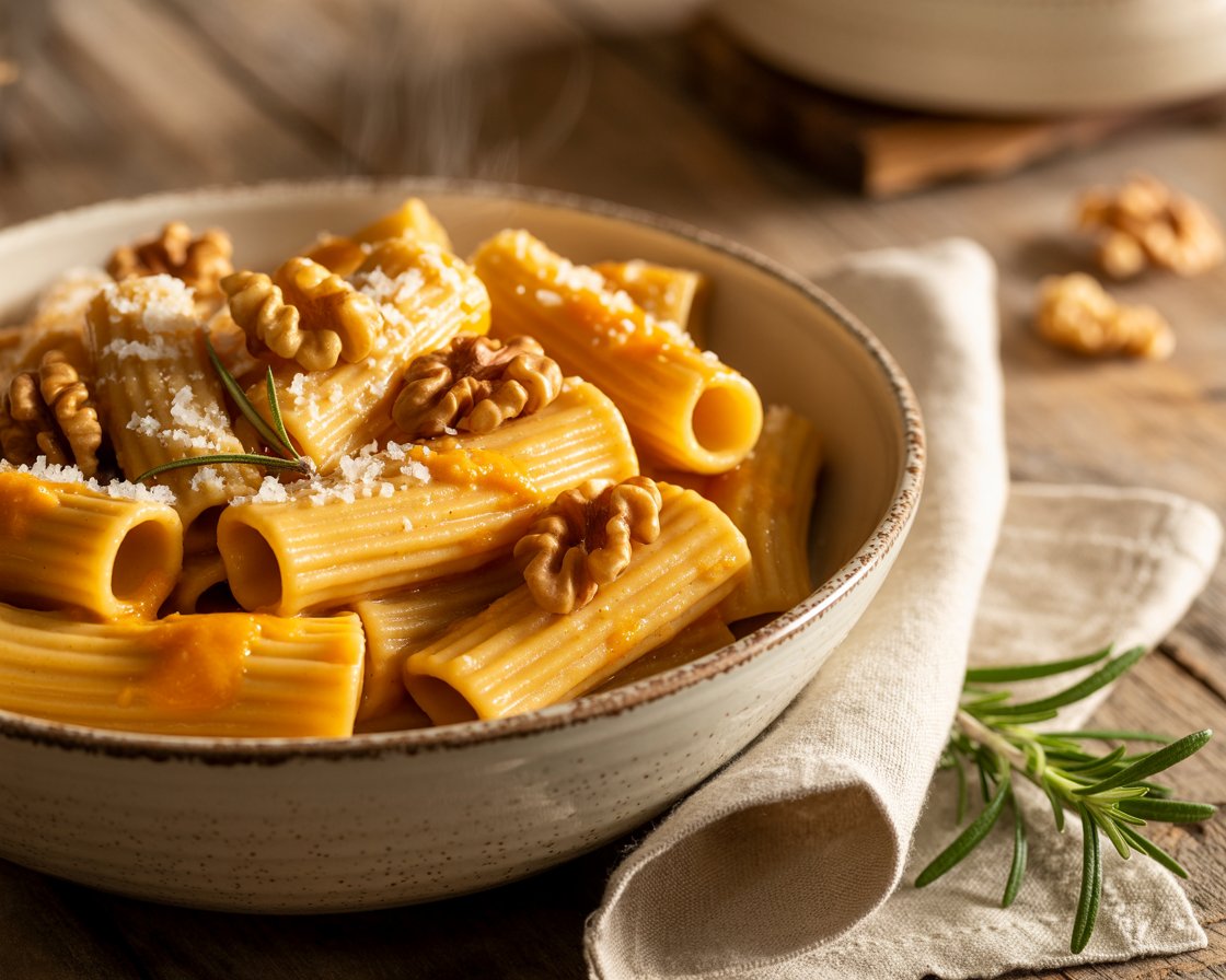 Bowl of golden pumpkin rigatoni served with fresh herbs and walnut crunch.