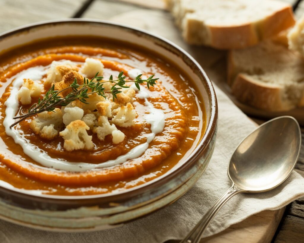 Homemade Sweet Potato Soup with Roasted Cauliflower Crumbles