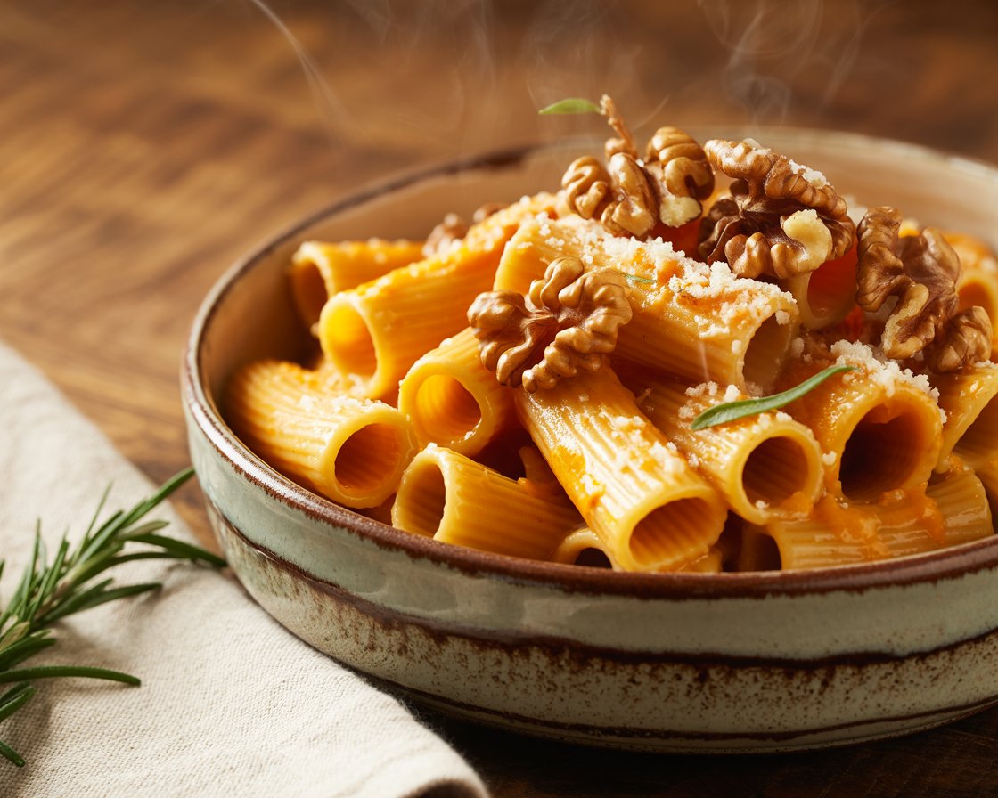 Close-up of rigatoni coated in rich pumpkin sauce with walnut garnish.