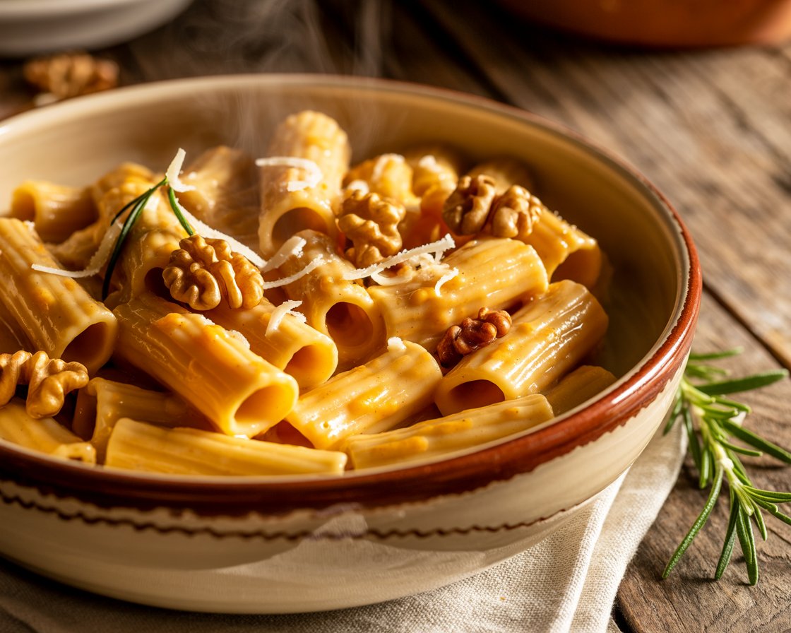 Autumn-inspired pasta dish featuring creamy pumpkin and rosemary flavors.