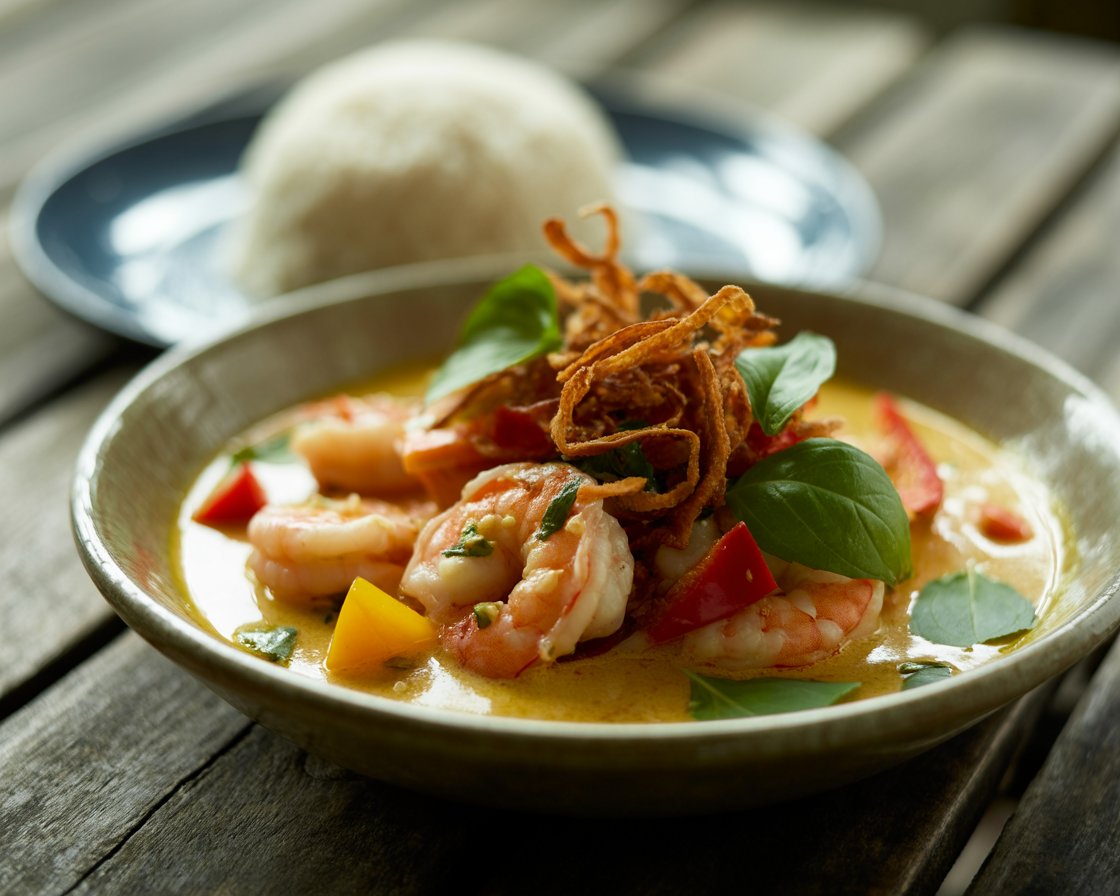 Bowl of homemade Thai shrimp curry topped with crispy shallots.