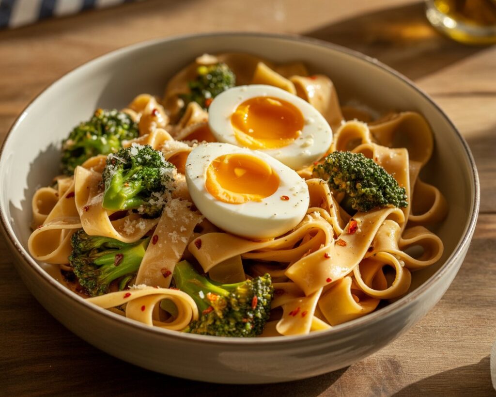 Soft-boiled eggs cut open atop a spicy pasta with broccoli.