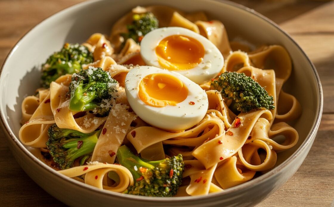Soft-boiled eggs cut open atop a spicy pasta with broccoli.