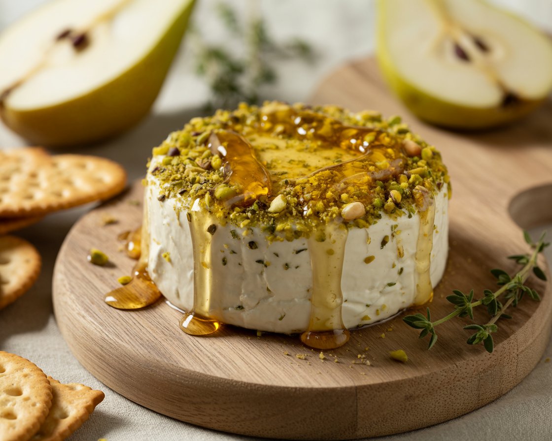 Boursin appetizer topped with crushed pistachios and a drizzle of honey on a serving plate.
