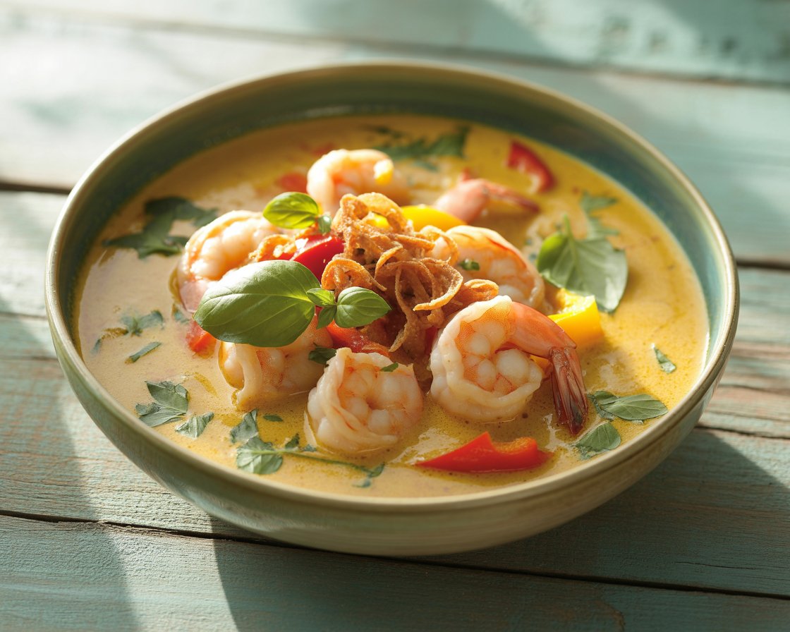 Step-by-step process of cooking shrimp curry in a skillet.